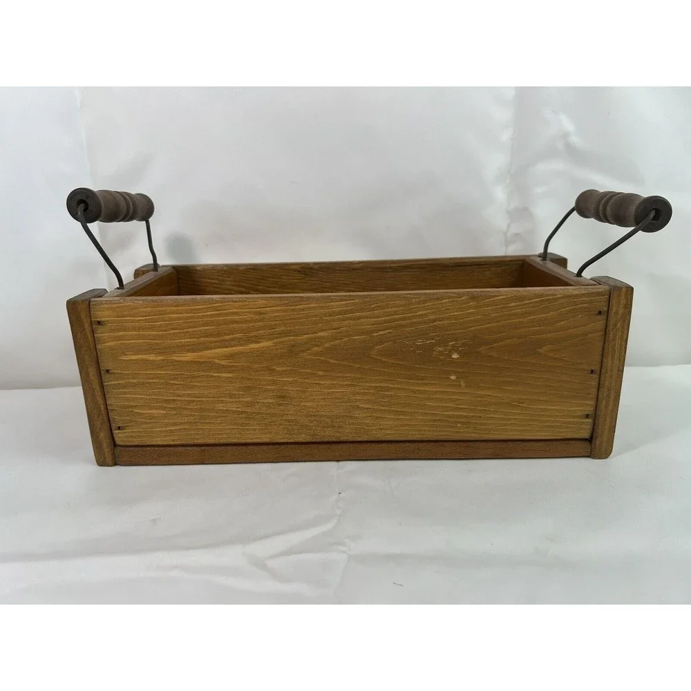 Vtg Decorative Country Farmhouse Wooden Fruit Storage Rectangle Basket W/Handles